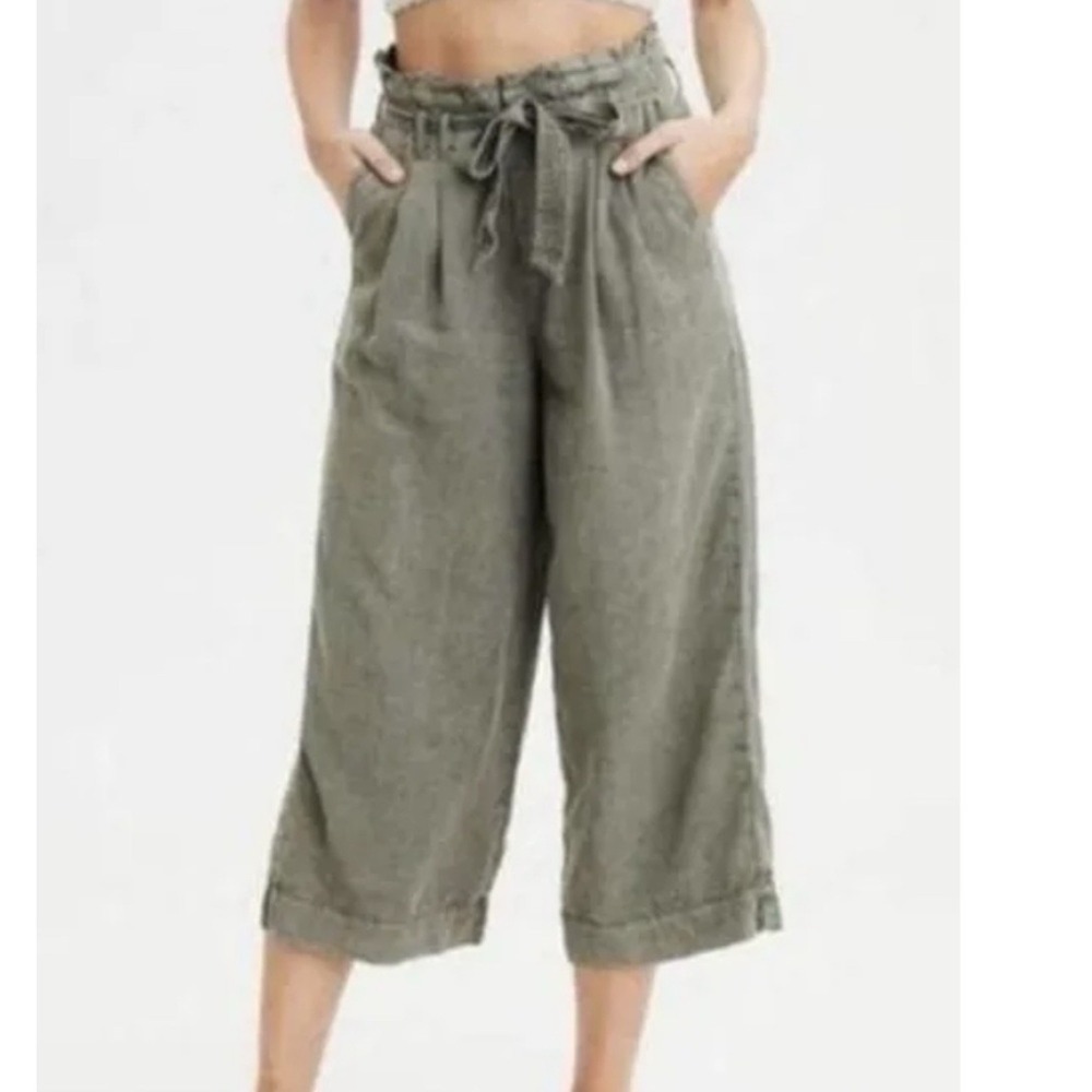 American Eagle Green Paper Bag Cropped Wide Leg Pants 14 Belted Boho Baggy Loose